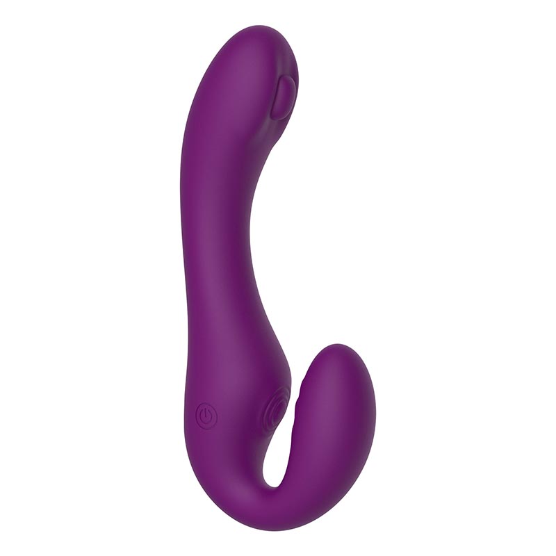 Lilla, buet vibrator med en lang og en kort ende, set fra siden på hvid bund